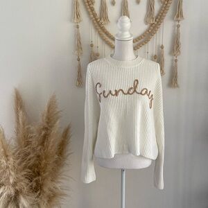 Moon & Madison Sunday embroidered white cream sweater bell sleeves tan small